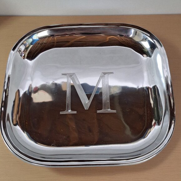 Mariposa 10" Square Serving Tray Silver Tone Monogrammed M as shown - Picture 1 of 7